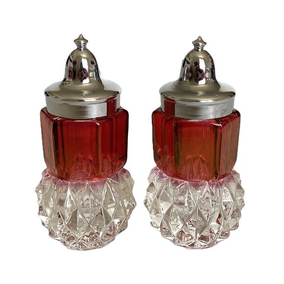 VTG Indiana Glass Co Rubby Red Kings Crown Diamond Point Salt Pepper Shakers - Picture 2 of 6